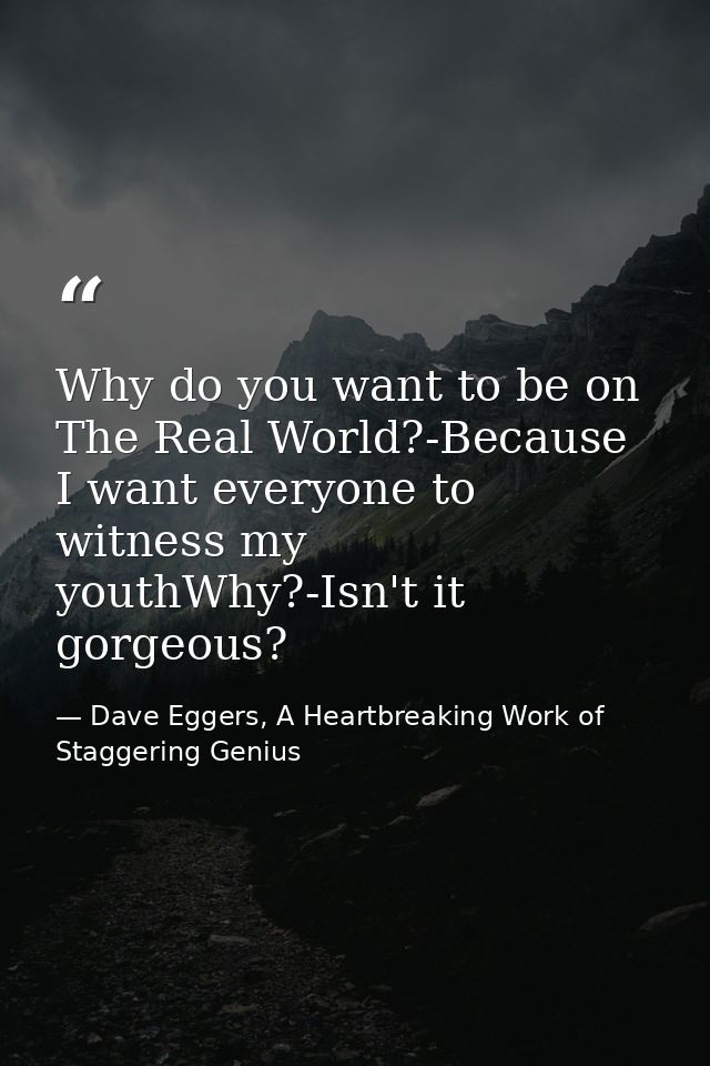 Why do you want to be on The Real World?-Because I want everyone to witness my youthWhy?-Isn't it gorgeous? — Dave Eggers, A Heartbreaking Work of Staggering Genius