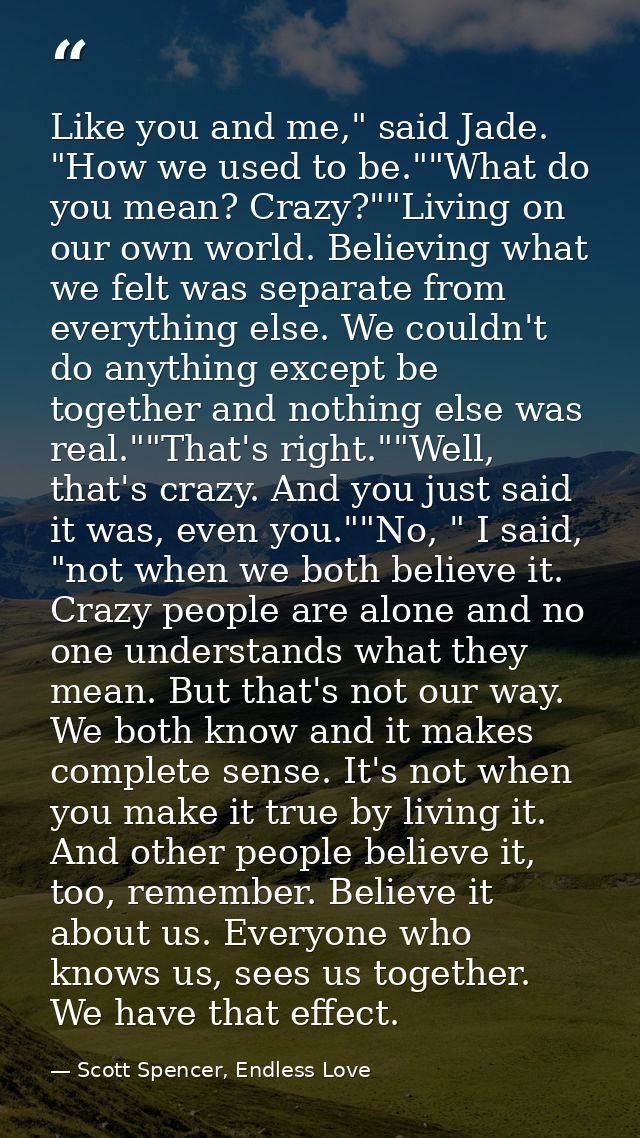 Like you and me," said Jade. "How we used to be.""What do you mean? Crazy?""Living on our own world. Believing what we f — Scott Spencer, Endless Love