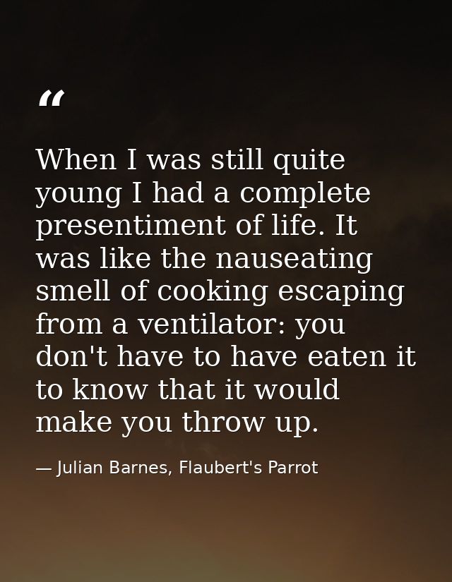When I was still quite young I had a complete presentiment of life. It was like the nauseating smell of cooking escaping — Julian Barnes, Flaubert's Parrot