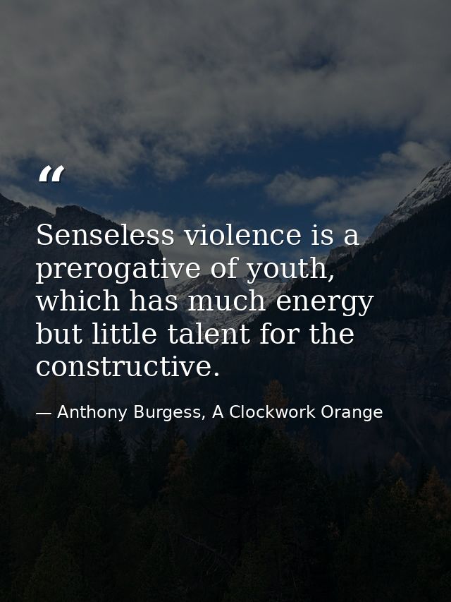 Senseless violence is a prerogative of youth, which has much energy but little talent for the constructive. — Anthony Burgess, A Clockwork Orange