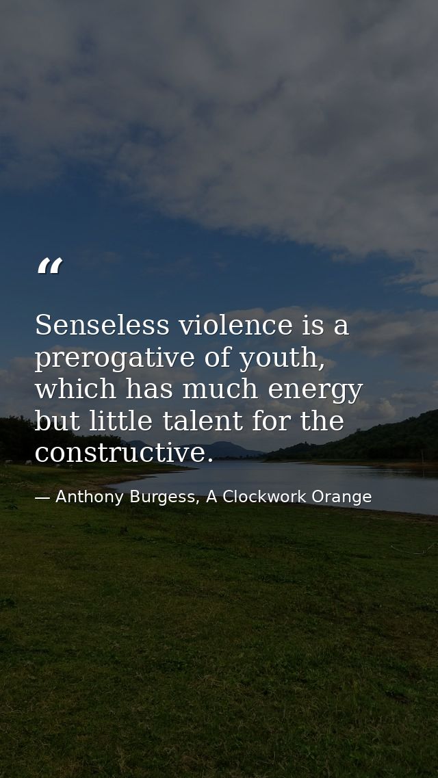 Senseless violence is a prerogative of youth, which has much energy but little talent for the constructive. — Anthony Burgess, A Clockwork Orange