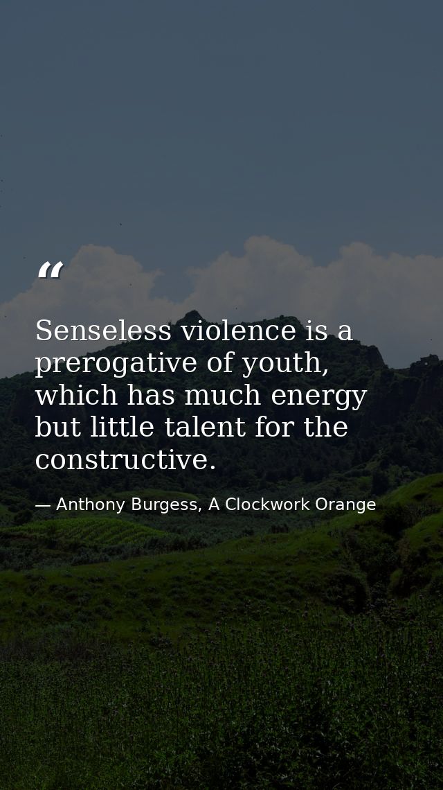 Senseless violence is a prerogative of youth, which has much energy but little talent for the constructive. — Anthony Burgess, A Clockwork Orange