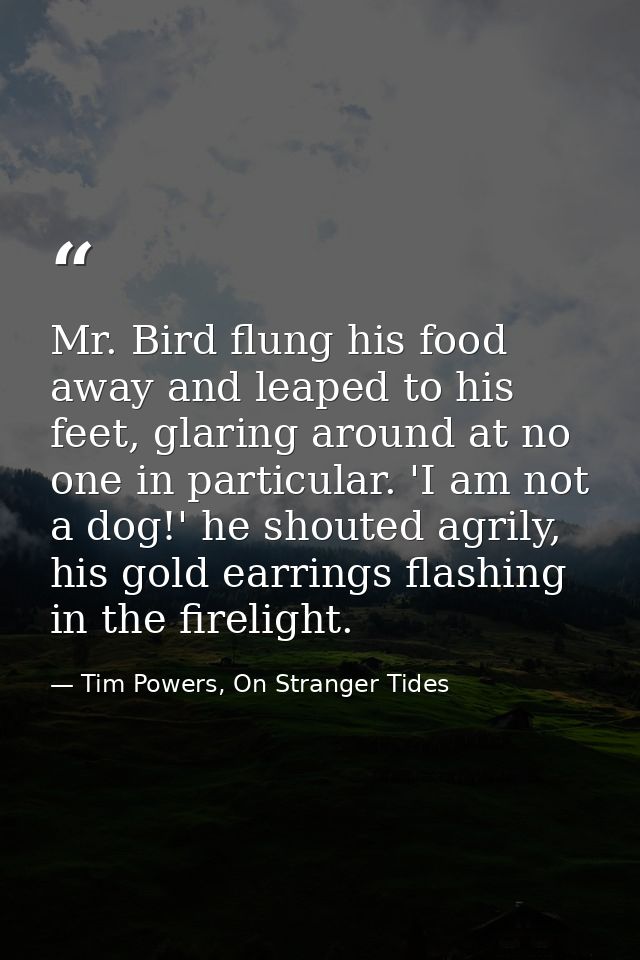 Mr. Bird flung his food away and leaped to his feet, glaring around at no one in particular. 'I am not a dog!' he shoute — Tim Powers, On Stranger Tides