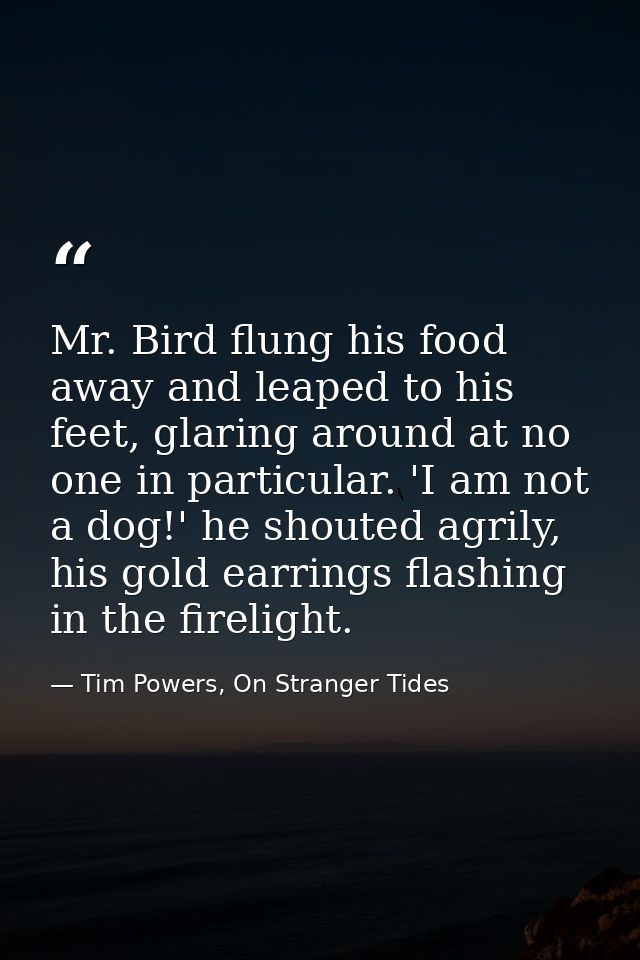 Mr. Bird flung his food away and leaped to his feet, glaring around at no one in particular. 'I am not a dog!' he shoute — Tim Powers, On Stranger Tides