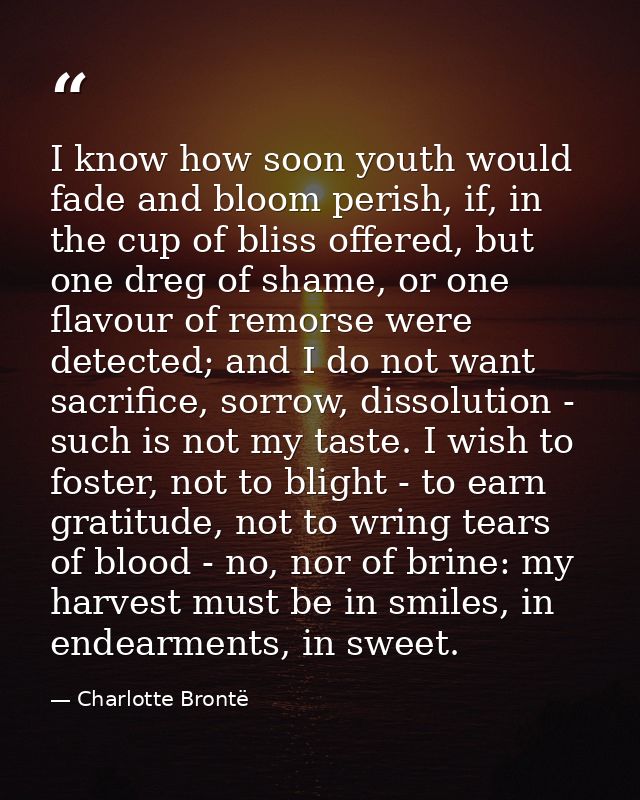 I know how soon youth would fade and bloom perish, if, in the cup of bliss offered, but one dreg of shame, or one flavou — Charlotte Brontë
