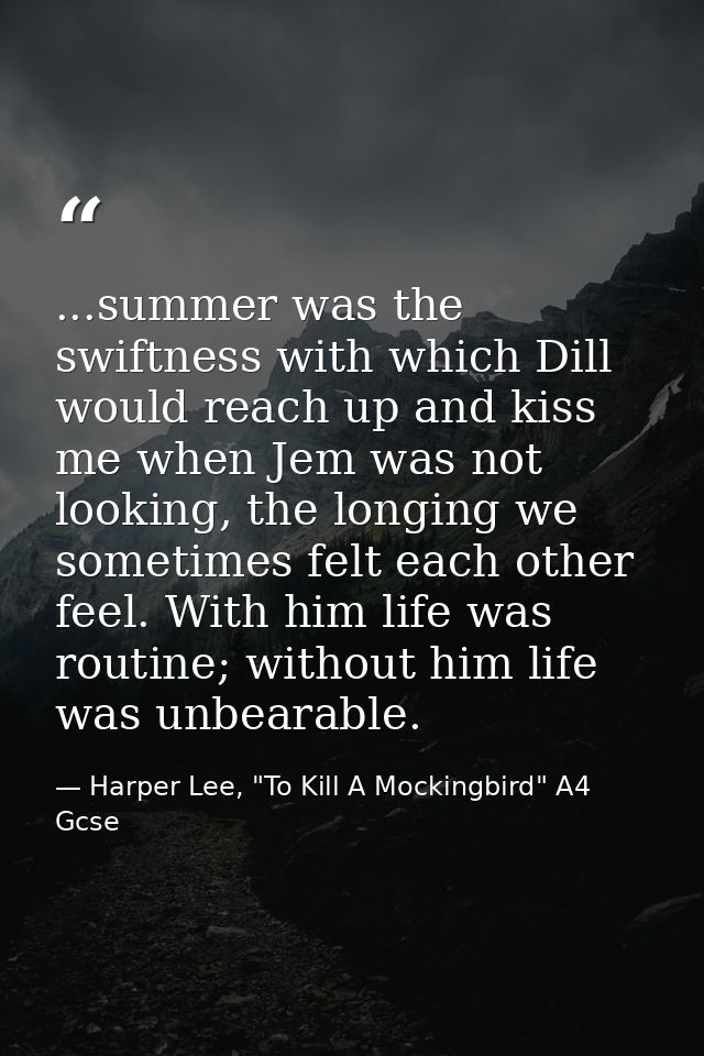 ...summer was the swiftness with which Dill would reach up and kiss me when Jem was not looking, the longing we sometime — Harper Lee, "To Kill A Mockingbird" A4 Gcse