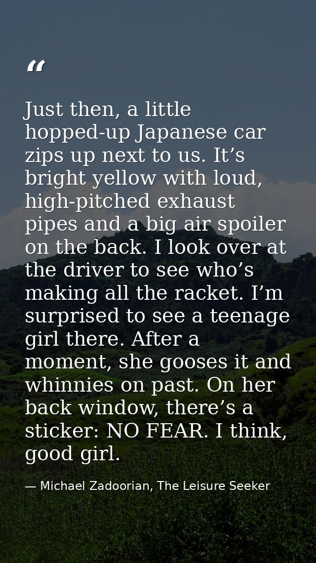Just then, a little hopped-up Japanese car zips up next to us. It’s bright yellow with loud, high-pitched exhaust pipes  — Michael Zadoorian, The Leisure Seeker