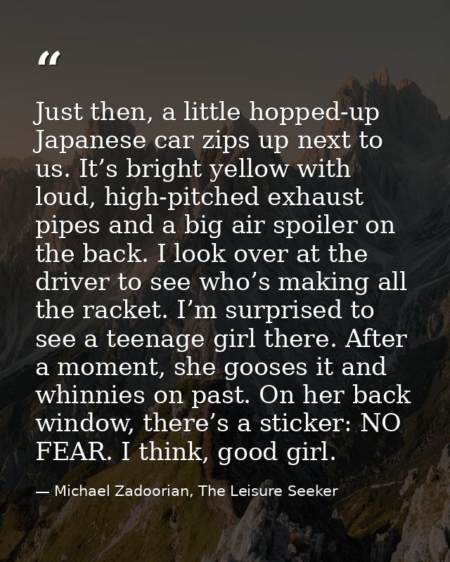 Just then, a little hopped-up Japanese car zips up next to us. It’s bright yellow with loud, high-pitched exhaust pipes  — Michael Zadoorian, The Leisure Seeker