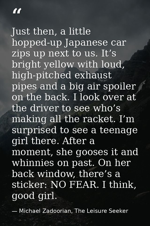 Just then, a little hopped-up Japanese car zips up next to us. It’s bright yellow with loud, high-pitched exhaust pipes  — Michael Zadoorian, The Leisure Seeker