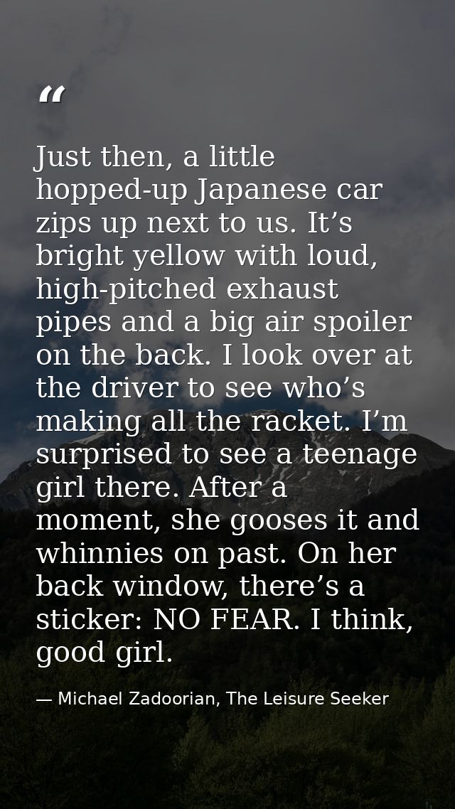 Just then, a little hopped-up Japanese car zips up next to us. It’s bright yellow with loud, high-pitched exhaust pipes  — Michael Zadoorian, The Leisure Seeker