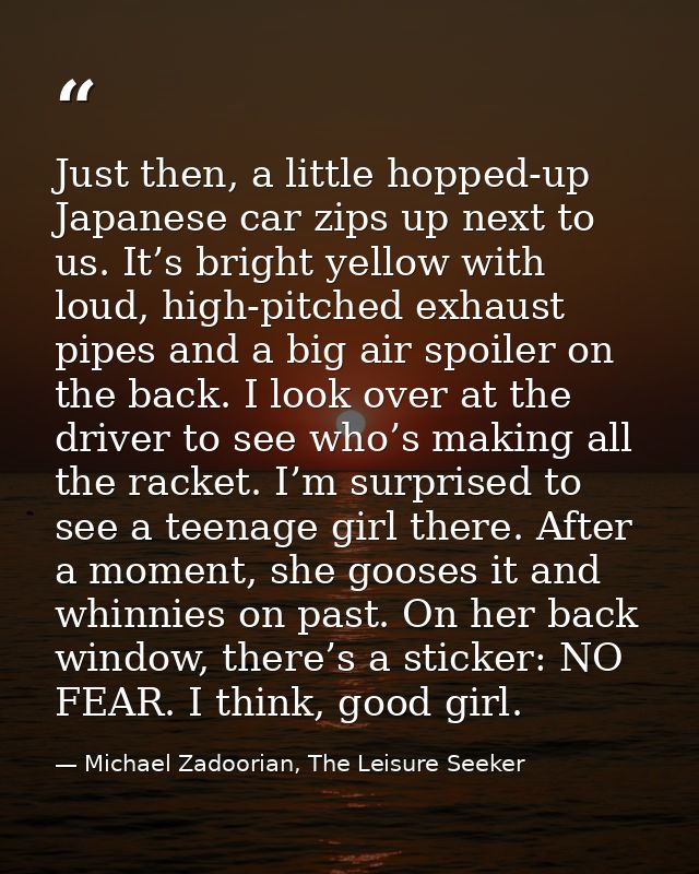 Just then, a little hopped-up Japanese car zips up next to us. It’s bright yellow with loud, high-pitched exhaust pipes  — Michael Zadoorian, The Leisure Seeker