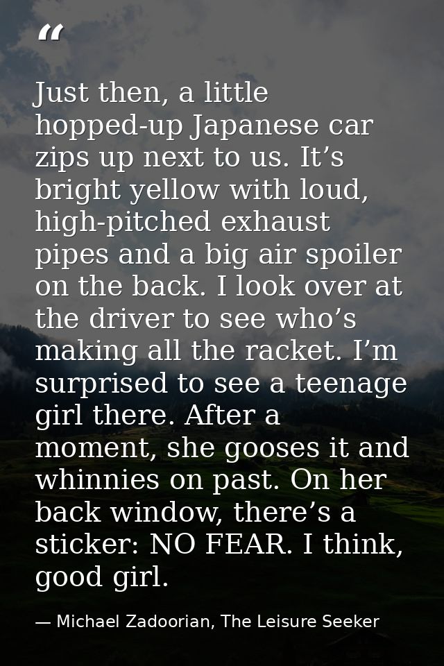 Just then, a little hopped-up Japanese car zips up next to us. It’s bright yellow with loud, high-pitched exhaust pipes  — Michael Zadoorian, The Leisure Seeker