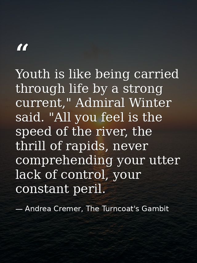 Youth is like being carried through life by a strong current," Admiral Winter said. "All you feel is the speed of the ri — Andrea Cremer, The Turncoat's Gambit
