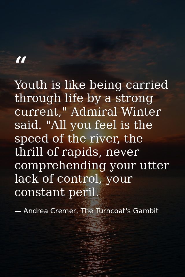 Youth is like being carried through life by a strong current," Admiral Winter said. "All you feel is the speed of the ri — Andrea Cremer, The Turncoat's Gambit