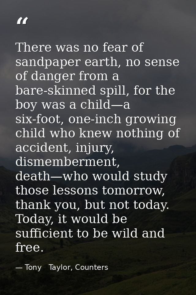 There was no fear of sandpaper earth, no sense of danger from a bare-skinned spill, for the boy was a child—a six-foot,  — Tony   Taylor, Counters