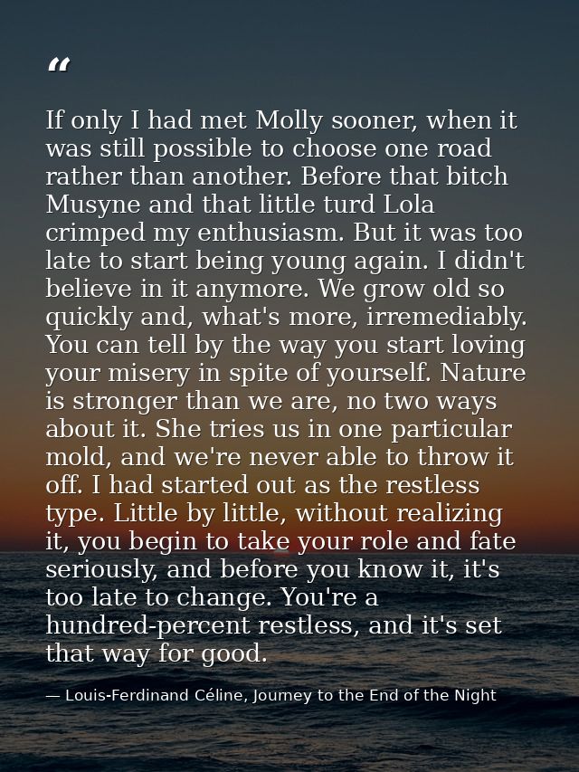 If only I had met Molly sooner, when it was still possible to choose one road rather than another. Before that bitch Mus — Louis-Ferdinand Céline, Journey to the End of the Night
