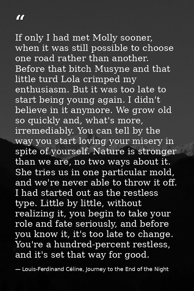If only I had met Molly sooner, when it was still possible to choose one road rather than another. Before that bitch Mus — Louis-Ferdinand Céline, Journey to the End of the Night