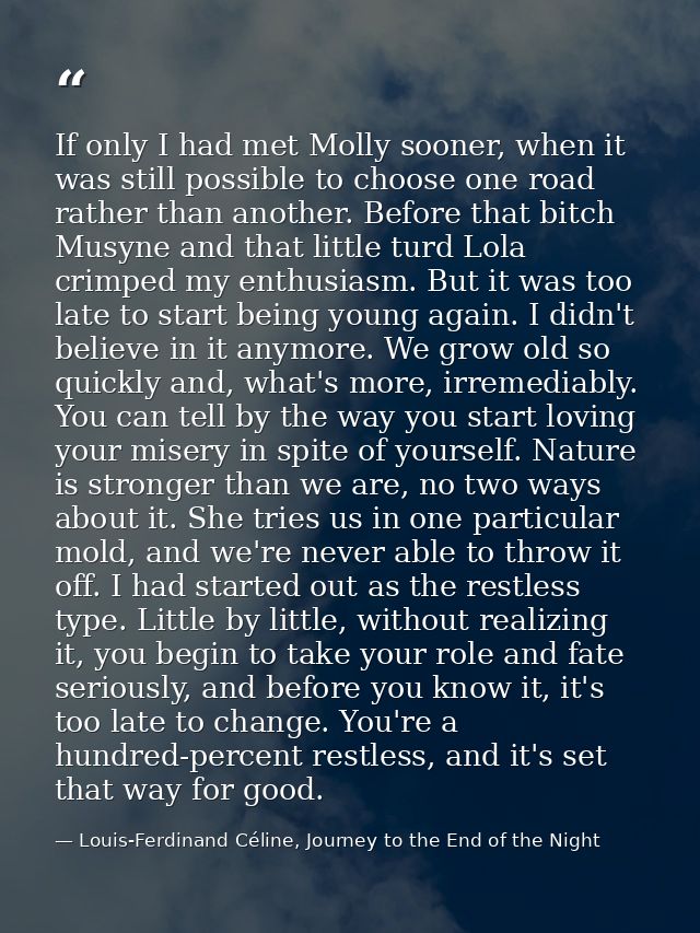If only I had met Molly sooner, when it was still possible to choose one road rather than another. Before that bitch Mus — Louis-Ferdinand Céline, Journey to the End of the Night