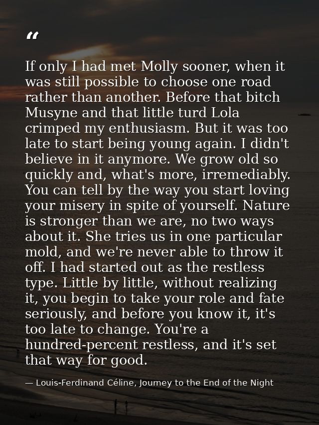 If only I had met Molly sooner, when it was still possible to choose one road rather than another. Before that bitch Mus — Louis-Ferdinand Céline, Journey to the End of the Night