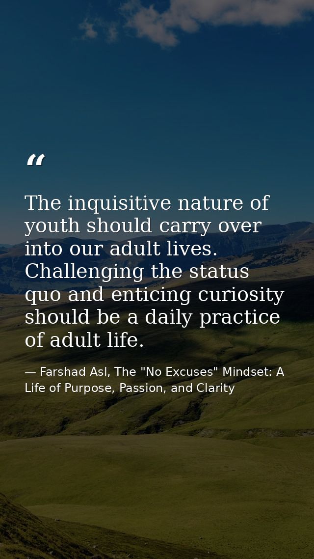 The inquisitive nature of youth should carry over into our adult lives. Challenging the status quo and enticing curiosit — Farshad Asl, The "No Excuses" Mindset: A Life of Purpose, Passion, and Clarity