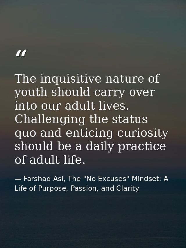 The inquisitive nature of youth should carry over into our adult lives. Challenging the status quo and enticing curiosit — Farshad Asl, The "No Excuses" Mindset: A Life of Purpose, Passion, and Clarity