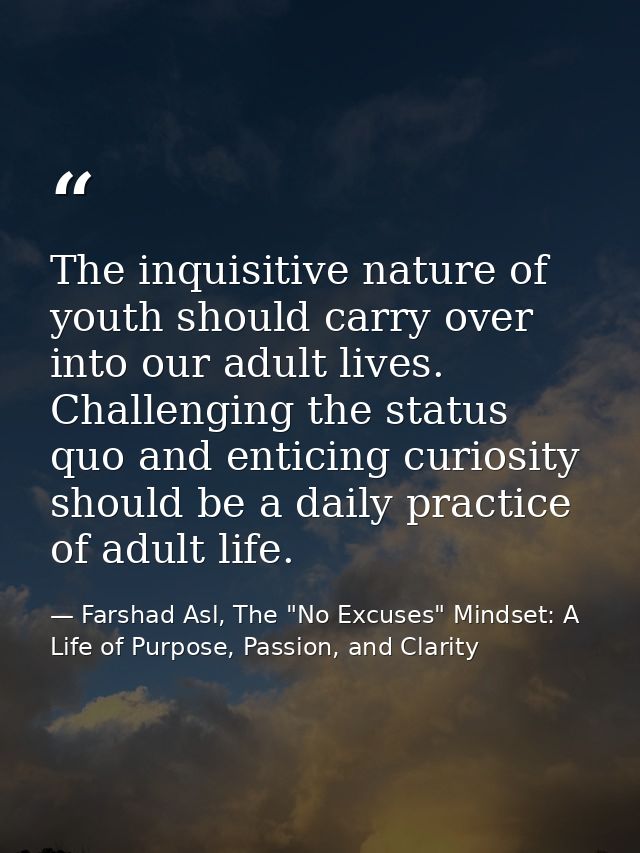 The inquisitive nature of youth should carry over into our adult lives. Challenging the status quo and enticing curiosit — Farshad Asl, The "No Excuses" Mindset: A Life of Purpose, Passion, and Clarity