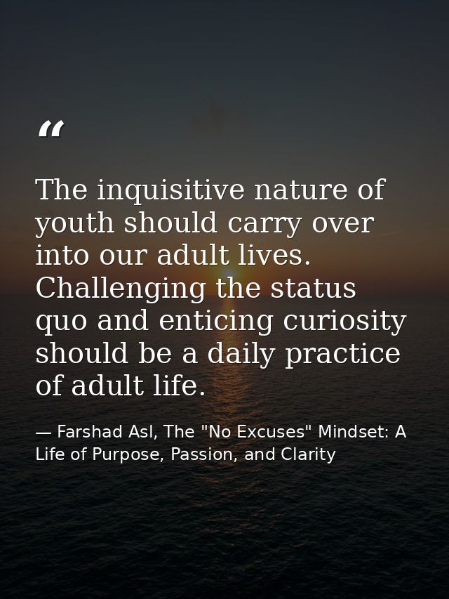 The inquisitive nature of youth should carry over into our adult lives. Challenging the status quo and enticing curiosit — Farshad Asl, The "No Excuses" Mindset: A Life of Purpose, Passion, and Clarity