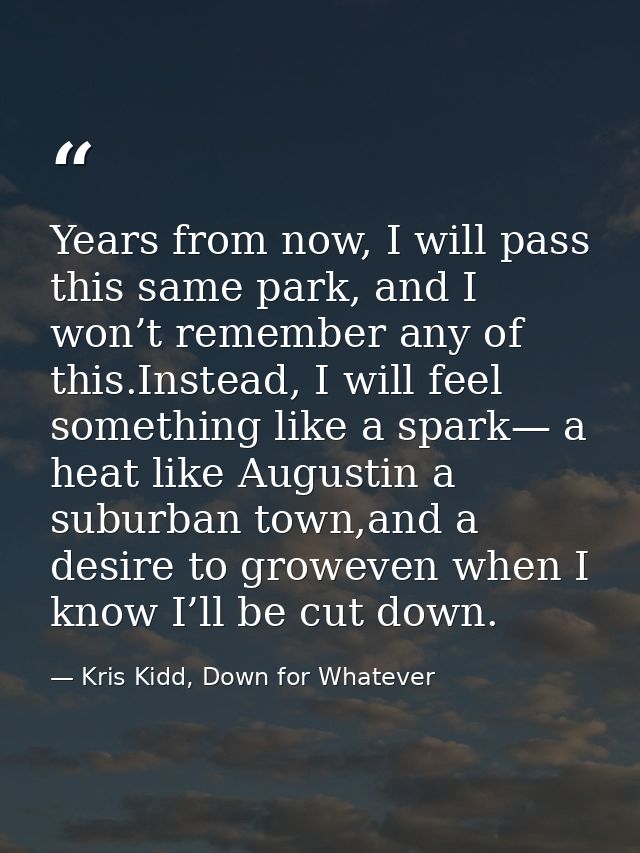 Years from now, I will pass this same park, and I won’t remember any of this.Instead, I will feel something like a spark — Kris Kidd, Down for Whatever