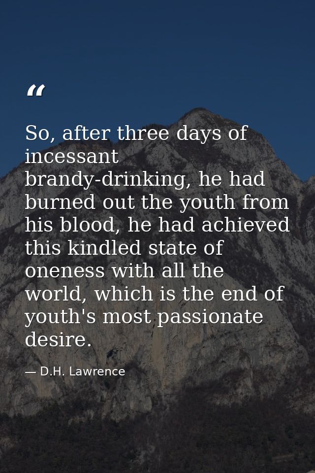 So, after three days of incessant brandy-drinking, he had burned out the youth from his blood, he had achieved this kind — D.H. Lawrence