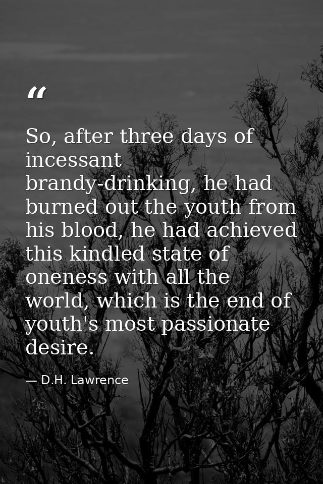 So, after three days of incessant brandy-drinking, he had burned out the youth from his blood, he had achieved this kind — D.H. Lawrence