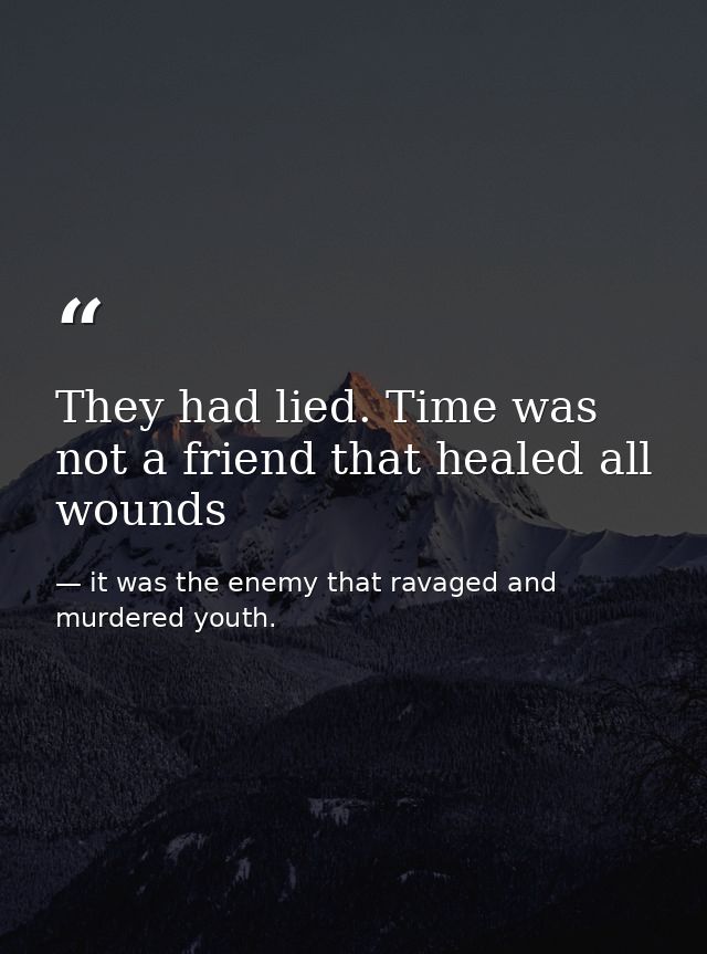 They had lied. Time was not a friend that healed all wounds — it was the enemy that ravaged and murdered youth.