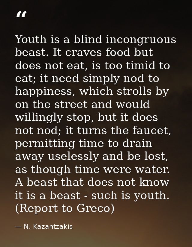 Youth is a blind incongruous beast. It craves food but does not eat, is too timid to eat; it need simply nod to happines — N. Kazantzakis