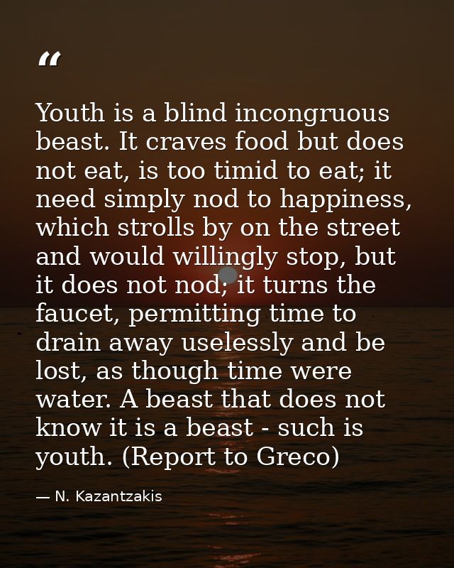 Youth is a blind incongruous beast. It craves food but does not eat, is too timid to eat; it need simply nod to happines — N. Kazantzakis