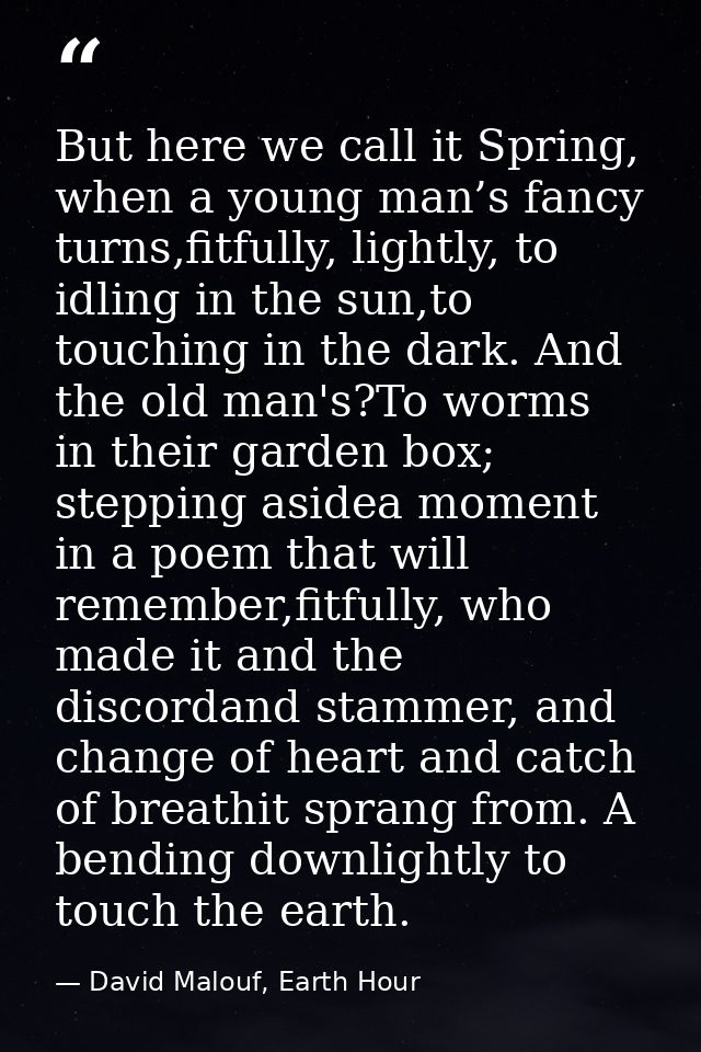 But here we call it Spring, when a young man’s fancy turns,fitfully, lightly, to idling in the sun,to touching in the da — David Malouf, Earth Hour