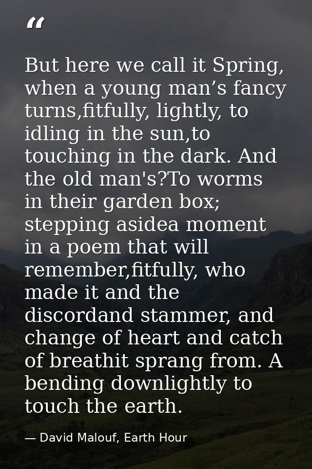 But here we call it Spring, when a young man’s fancy turns,fitfully, lightly, to idling in the sun,to touching in the da — David Malouf, Earth Hour
