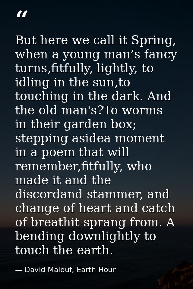 But here we call it Spring, when a young man’s fancy turns,fitfully, lightly, to idling in the sun,to touching in the da — David Malouf, Earth Hour