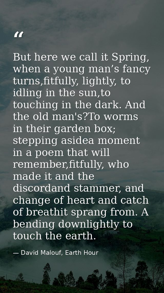 But here we call it Spring, when a young man’s fancy turns,fitfully, lightly, to idling in the sun,to touching in the da — David Malouf, Earth Hour