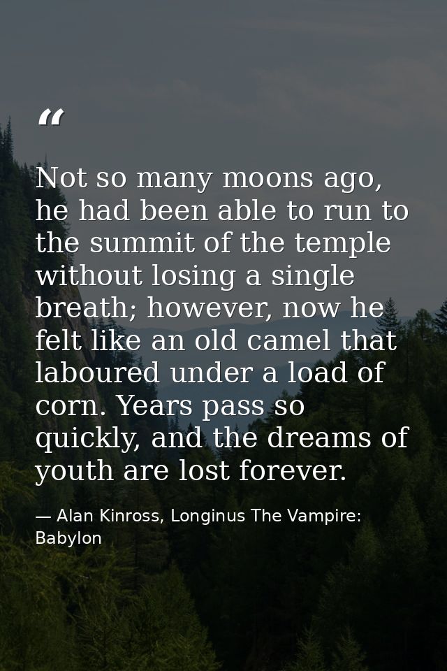 Not so many moons ago, he had been able to run to the summit of the temple without losing a single breath; however, now  — Alan Kinross, Longinus The Vampire: Babylon