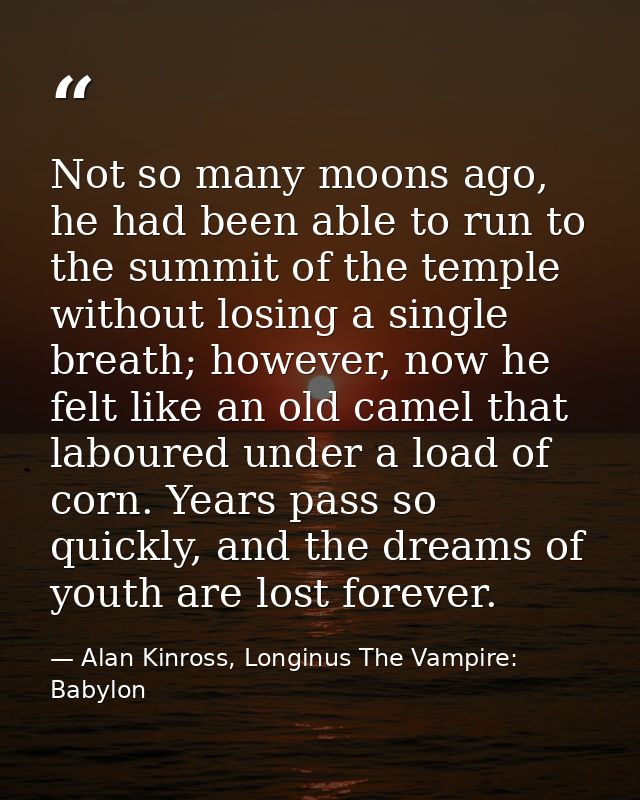 Not so many moons ago, he had been able to run to the summit of the temple without losing a single breath; however, now  — Alan Kinross, Longinus The Vampire: Babylon