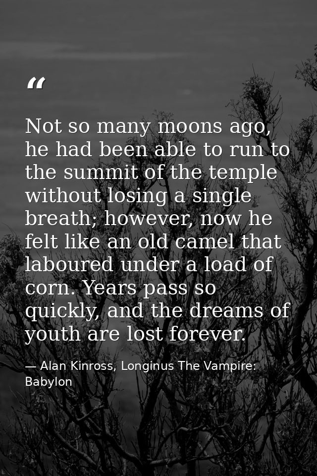 Not so many moons ago, he had been able to run to the summit of the temple without losing a single breath; however, now  — Alan Kinross, Longinus The Vampire: Babylon