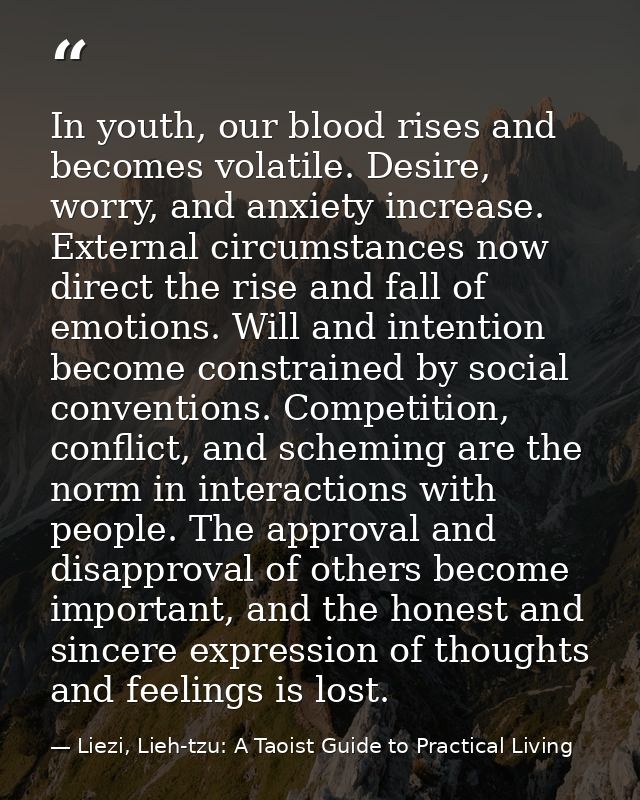 In youth, our blood rises and becomes volatile. Desire, worry, and anxiety increase. External circumstances now direct t — Liezi, Lieh-tzu: A Taoist Guide to Practical Living