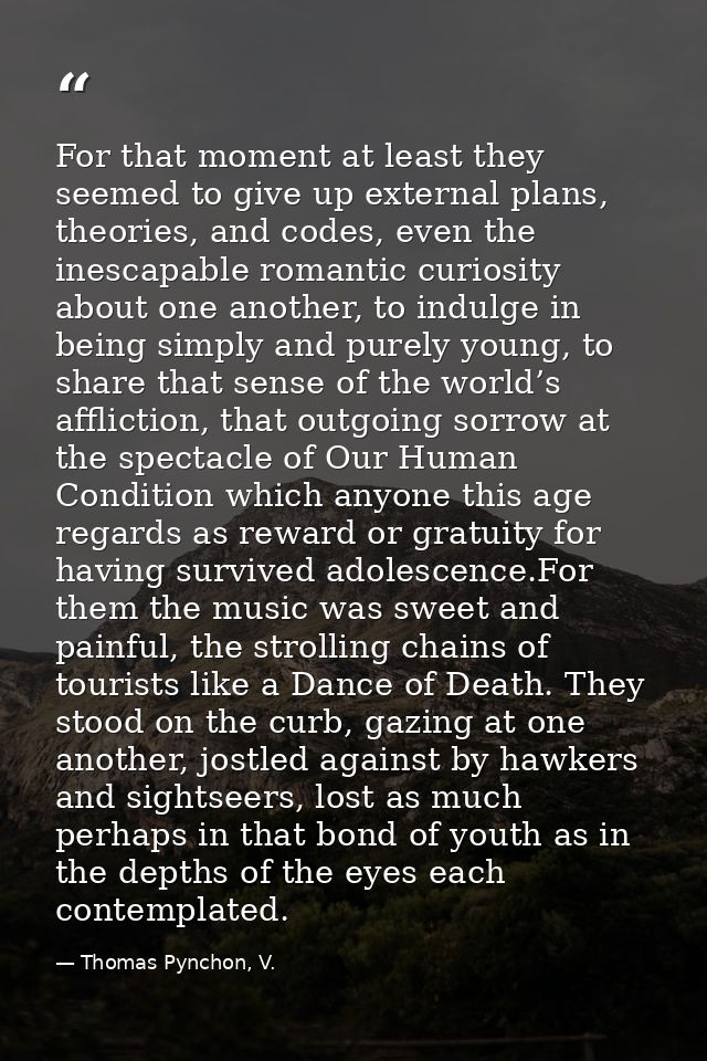 For that moment at least they seemed to give up external plans, theories, and codes, even the inescapable romantic curio — Thomas Pynchon, V.
