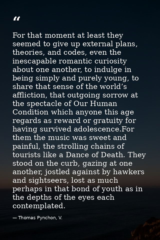 For that moment at least they seemed to give up external plans, theories, and codes, even the inescapable romantic curio — Thomas Pynchon, V.