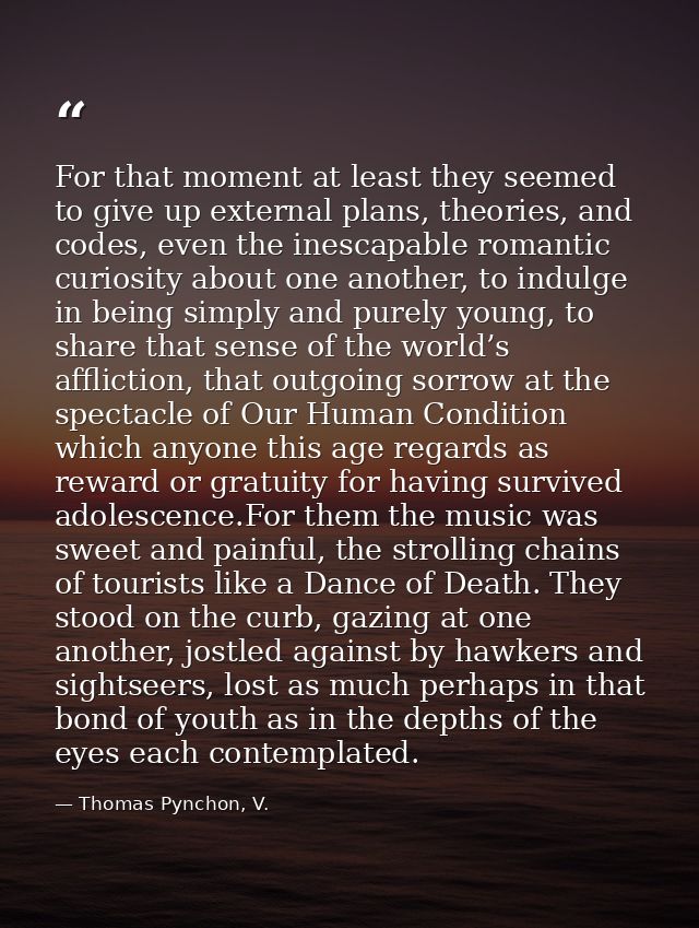 For that moment at least they seemed to give up external plans, theories, and codes, even the inescapable romantic curio — Thomas Pynchon, V.