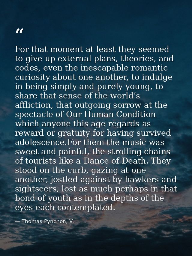 For that moment at least they seemed to give up external plans, theories, and codes, even the inescapable romantic curio — Thomas Pynchon, V.