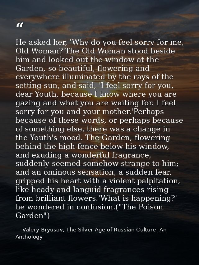 He asked her, 'Why do you feel sorry for me, Old Woman?'The Old Woman stood beside him and looked out the window at the  — Valery Bryusov, The Silver Age of Russian Culture: An Anthology