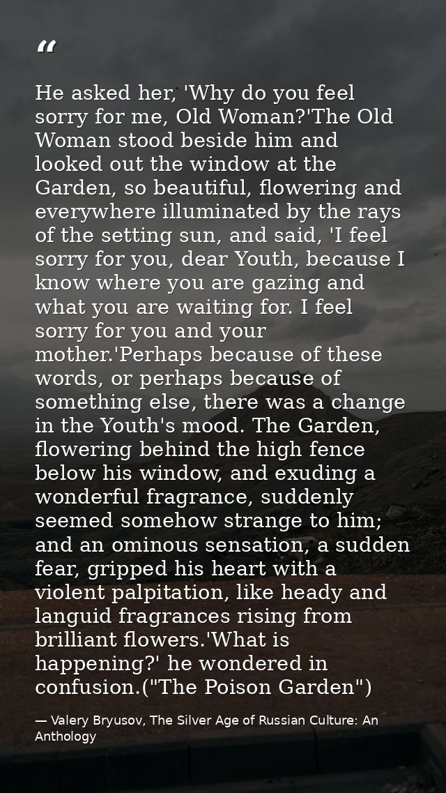 He asked her, 'Why do you feel sorry for me, Old Woman?'The Old Woman stood beside him and looked out the window at the  — Valery Bryusov, The Silver Age of Russian Culture: An Anthology