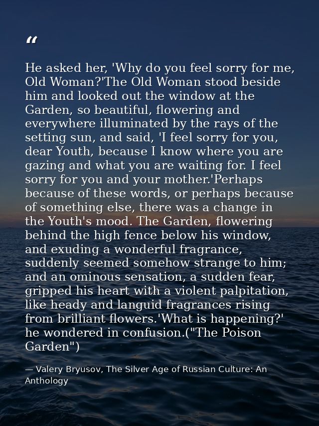 He asked her, 'Why do you feel sorry for me, Old Woman?'The Old Woman stood beside him and looked out the window at the  — Valery Bryusov, The Silver Age of Russian Culture: An Anthology