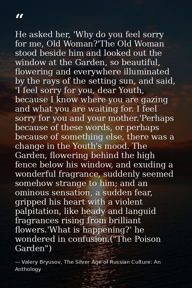 He asked her, 'Why do you feel sorry for me, Old Woman?'The Old Woman stood beside him and looked out the window at the  — Valery Bryusov, The Silver Age of Russian Culture: An Anthology