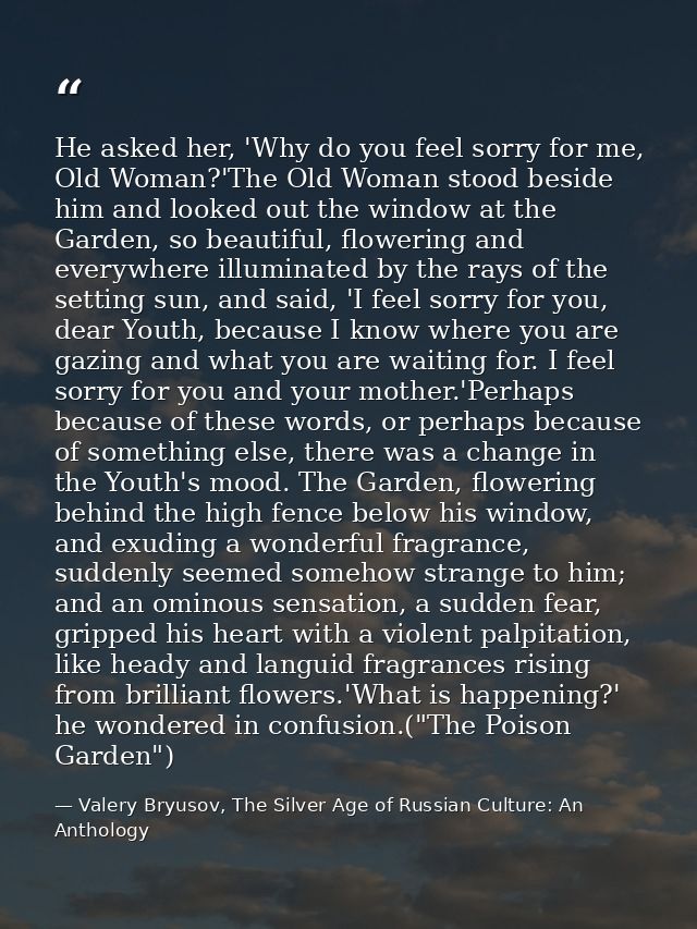 He asked her, 'Why do you feel sorry for me, Old Woman?'The Old Woman stood beside him and looked out the window at the  — Valery Bryusov, The Silver Age of Russian Culture: An Anthology